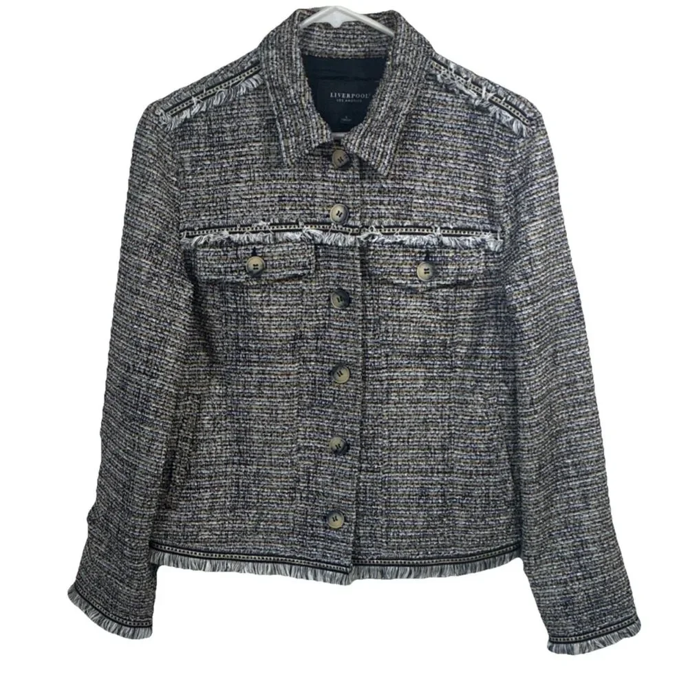 Liverpool Multicolor Tweed Fringe Button Jacket Women’s Size S Lined